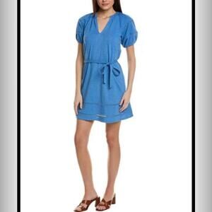 NWT Boden Women Blue size 16 V-Neck Short Sleeve Belted Shift Dress Eyelet